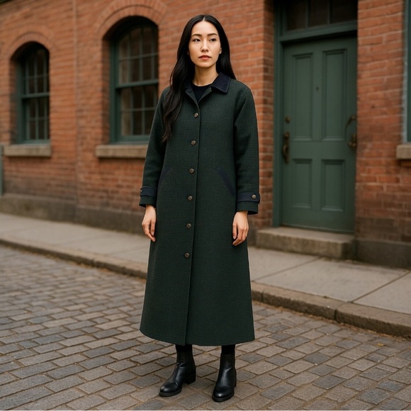 Vintage L.L. Bean Wool Tweed Long Coat - Dark Green Houndstooth Suede Trim - - Picture 1 of 12